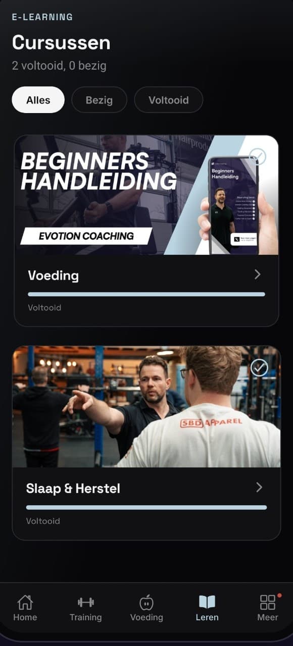 Het e-learning-scherm van de Evotion-app.