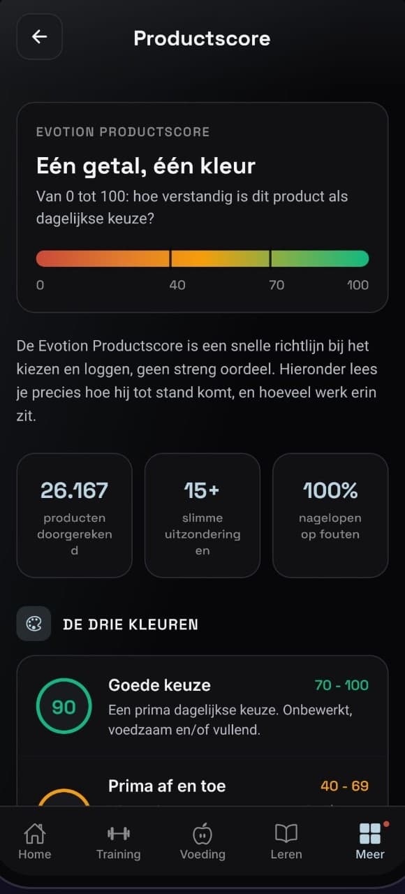 Het Productscore-scherm van de Evotion-app met de schaal van 0 tot 100.
