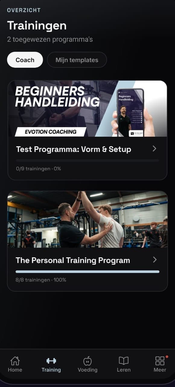 Het trainingenscherm van de Evotion-app.