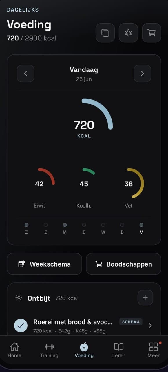 Het voedingsscherm van de Evotion-app met calorieen en macro's.